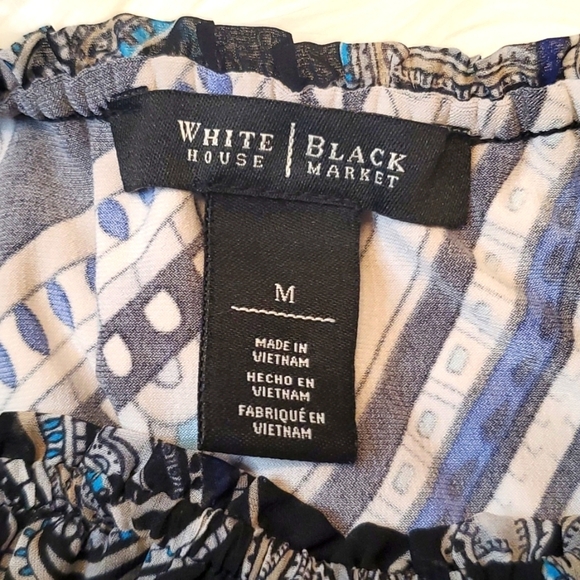 White House Black Market Blue & Black Paisley Print Ruffle Neck Top Size M - Picture 5 of 6